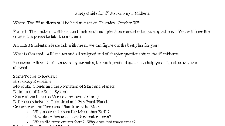 Astronomy 5: Study Guide for 2nd Midterm Exam - Studocu