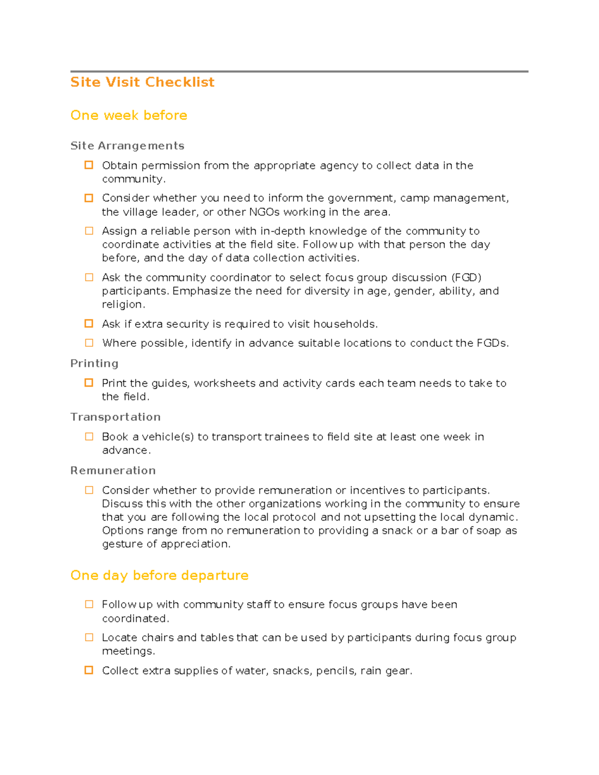 Site Visit Checklist: Preparation for Community Data Collection - Studocu