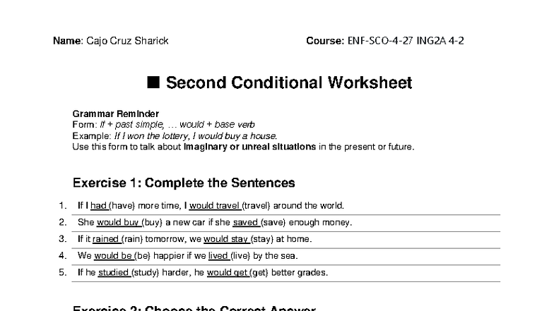 ING2A Second Conditional Worksheet: Grammar Practice and Exercises ...
