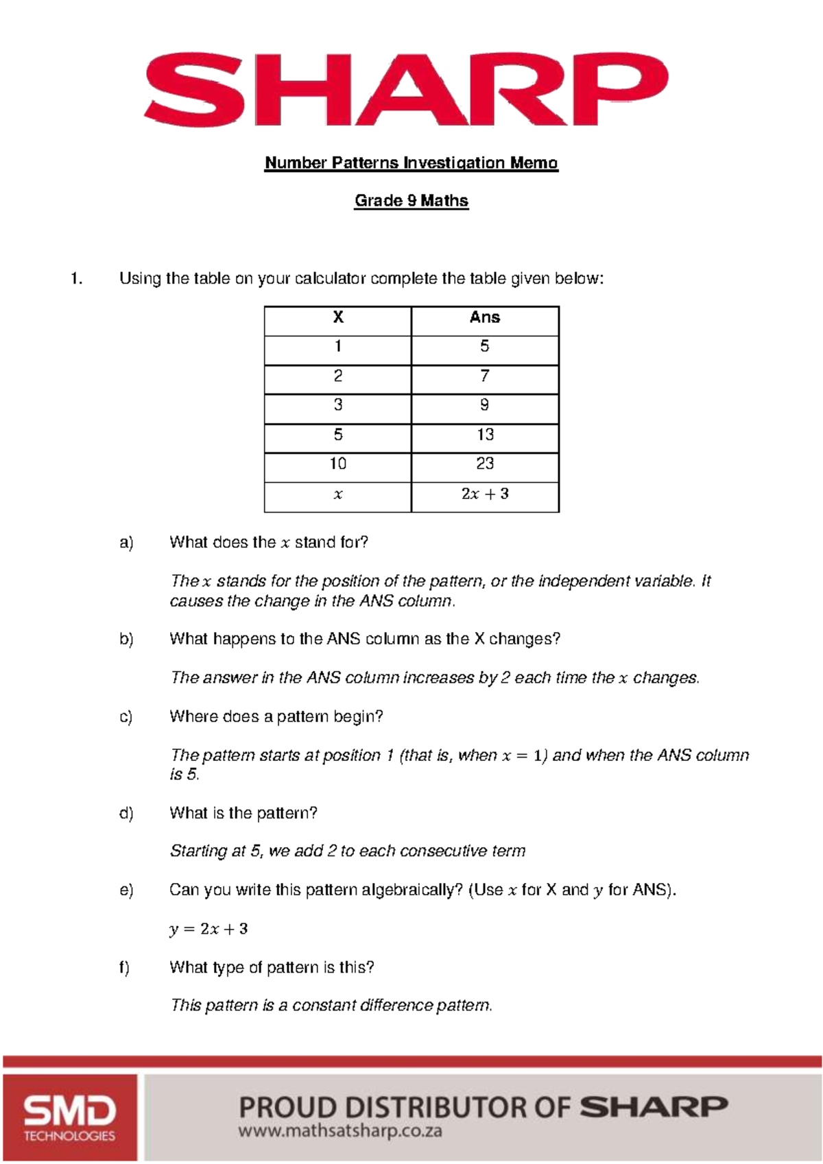 Grade 9 Maths Number Patterns Investigation Memo - Studocu