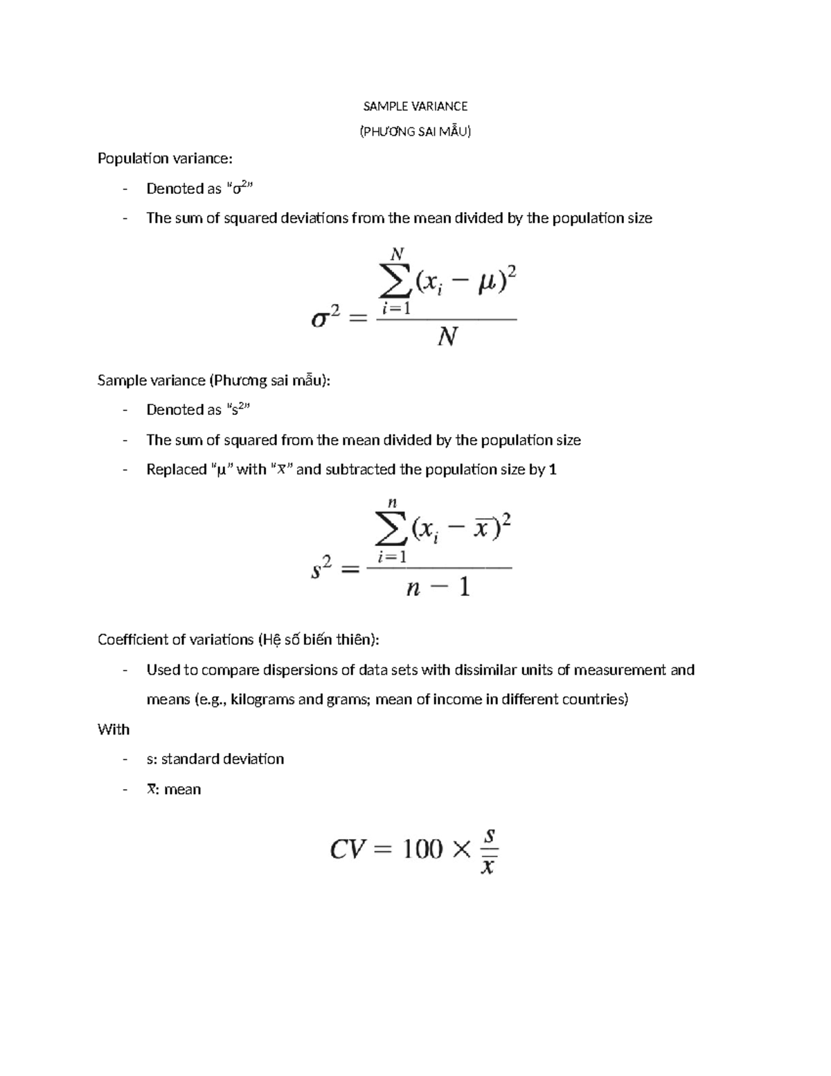 SB huhu - okay - SAMPLE VARIANCE (PHƯƠNG SAI MẪU) Population variance ...