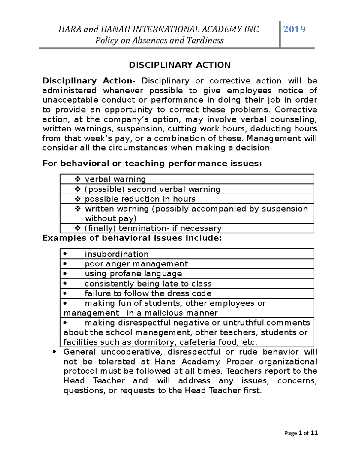 Corrective Action Examples For Tardiness