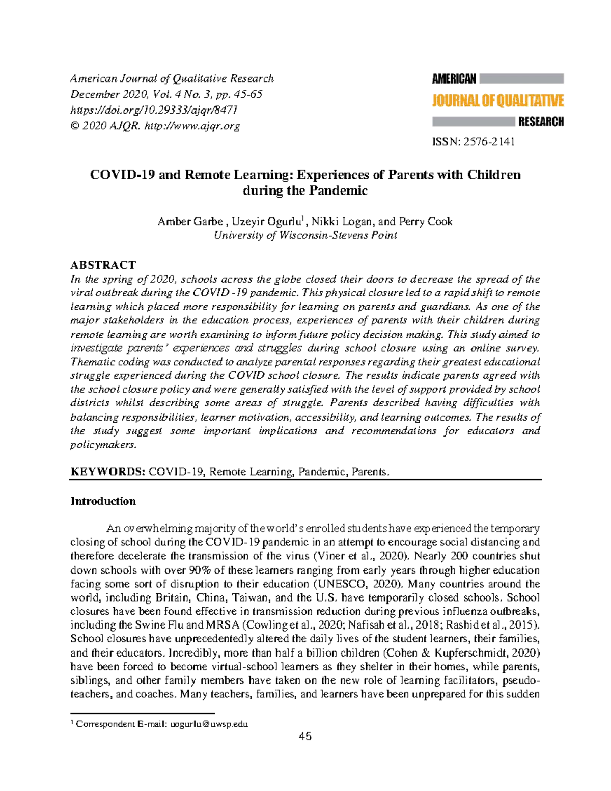 Covid-19 and remote learning.... - American Journal of Qualitative ...