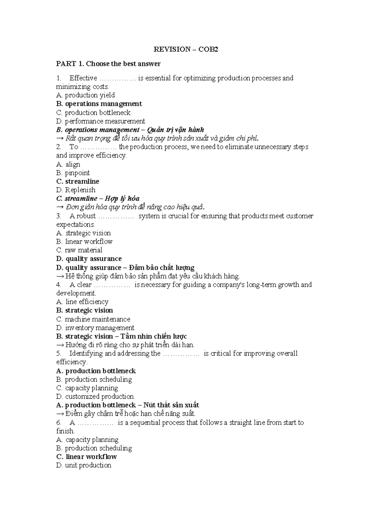 COB2 Revision Notes: Key Concepts and Answers - Studocu