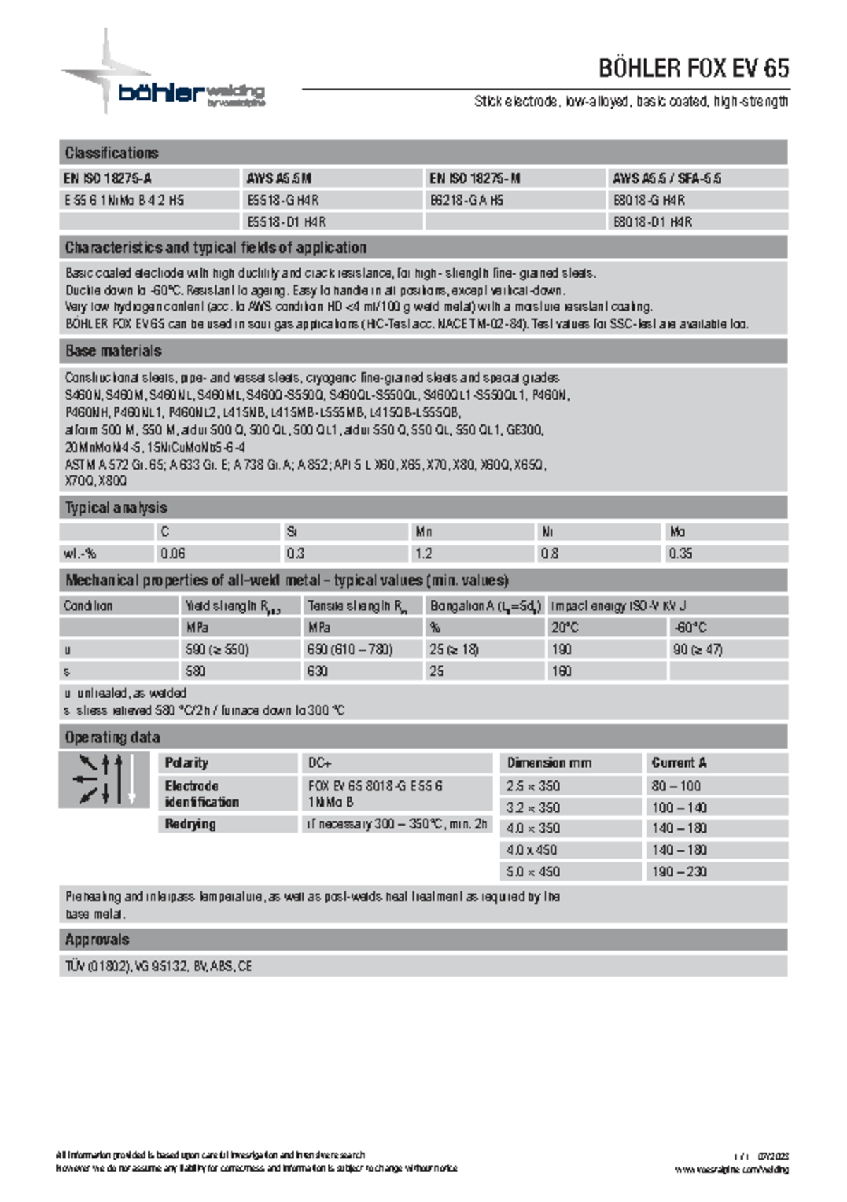 BÖHLER FOX EV 65 Stick Electrode Datasheet - EN ISO AWS A5.5M - Studocu