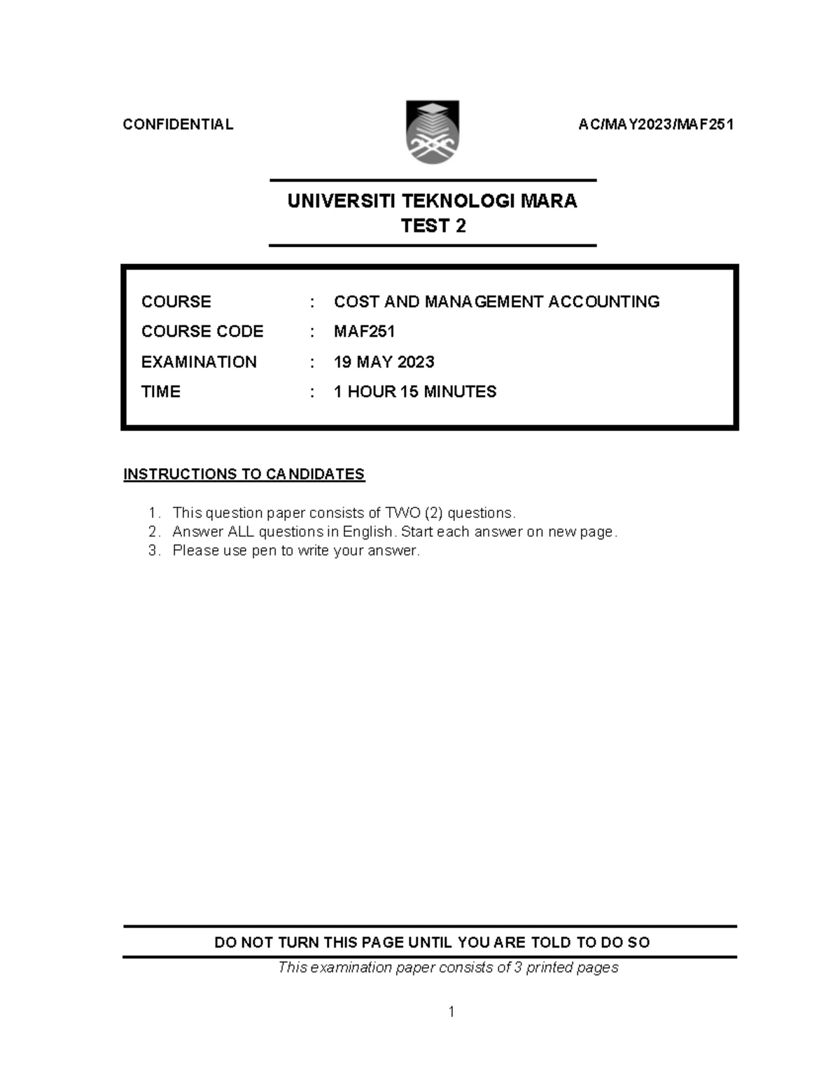 TEST 2 - MAF251: Cost & Management Accounting Exam Solutions - Jan 2023 ...