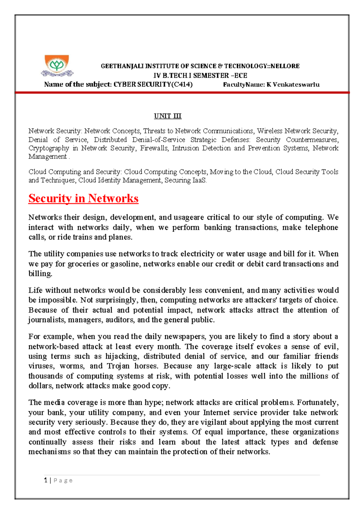 Cyber Security (C414) Unit III: Network Security Concepts and ...