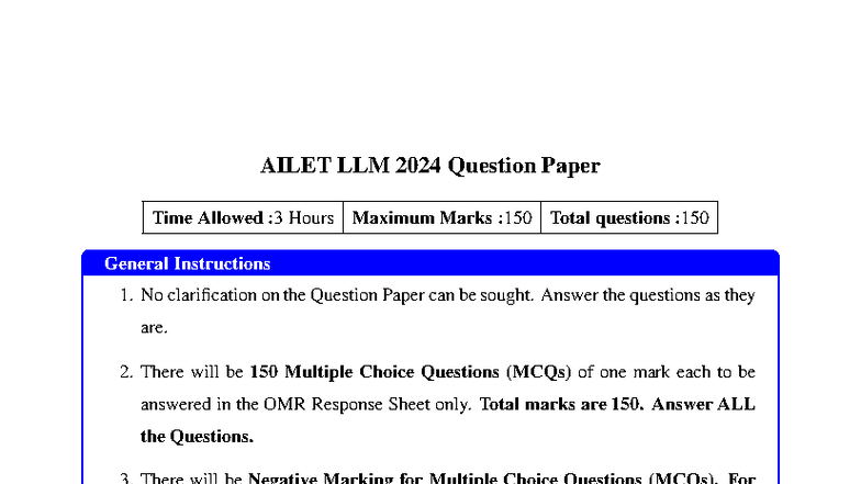 AILET LLM 2024 Question Paper with MCQs - 3 Hours, 150 Marks - Studocu