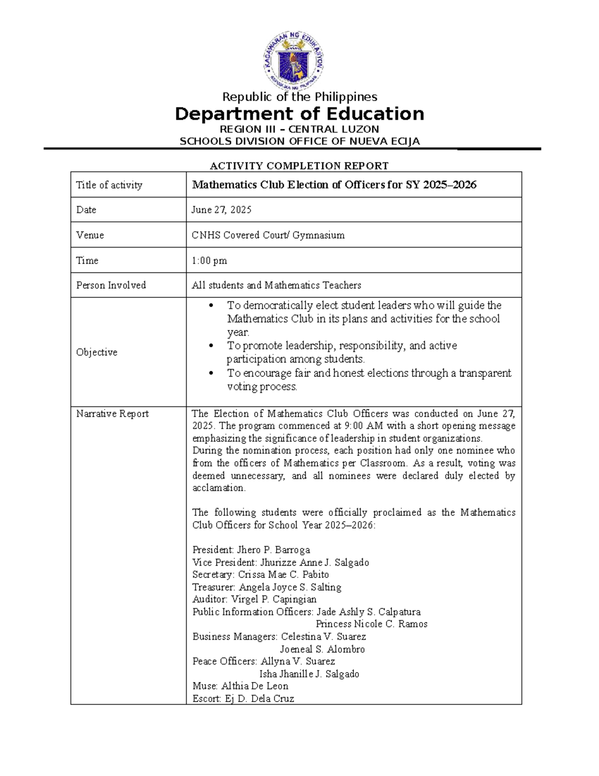 Math Club Election of Officers Activity Report SY 2025-2026 - Studocu