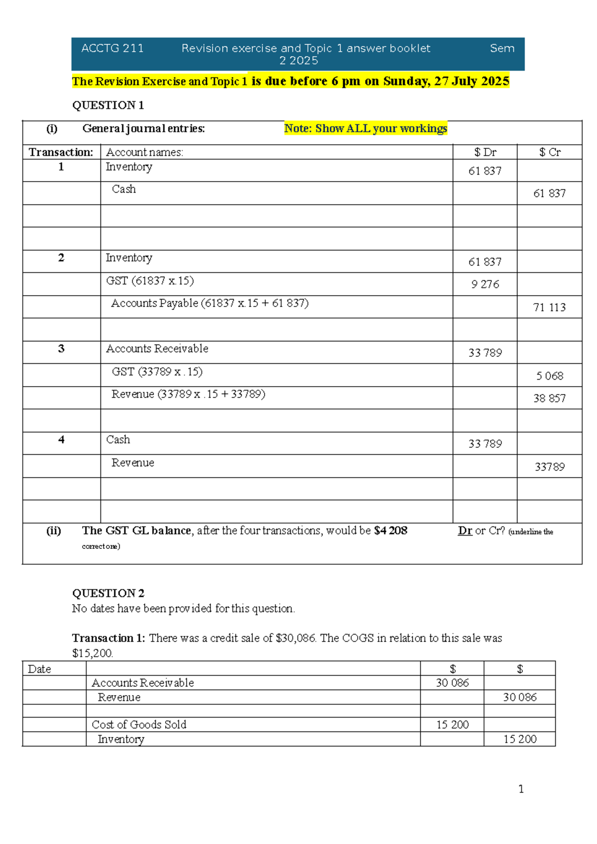 ACCTG 211 Revision Exercise & Topic 1 Answer Booklet 2025 Sem - Studocu