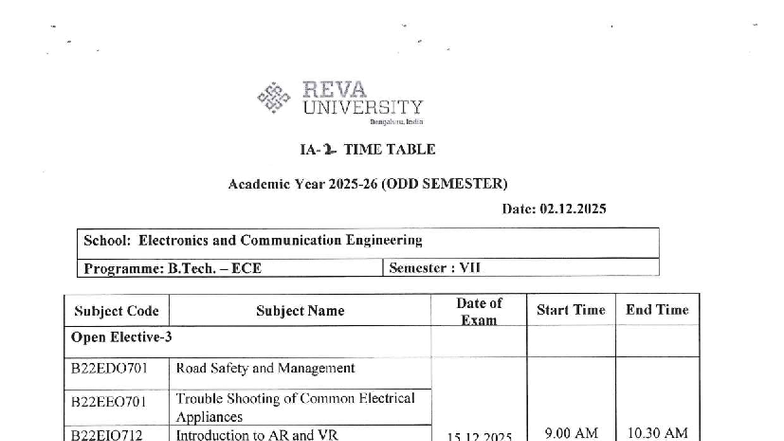 7th Sem ECE ODD SEMESTER IA-2 Time Table 2025-26 - Studocu