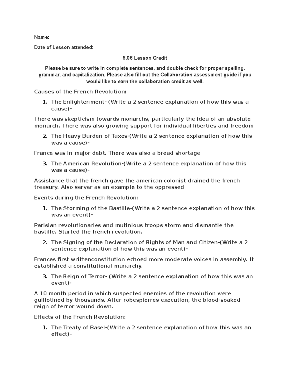 5.06 Lesson Credit - got a 100 - Name: Date of Lesson attended: 5 ...
