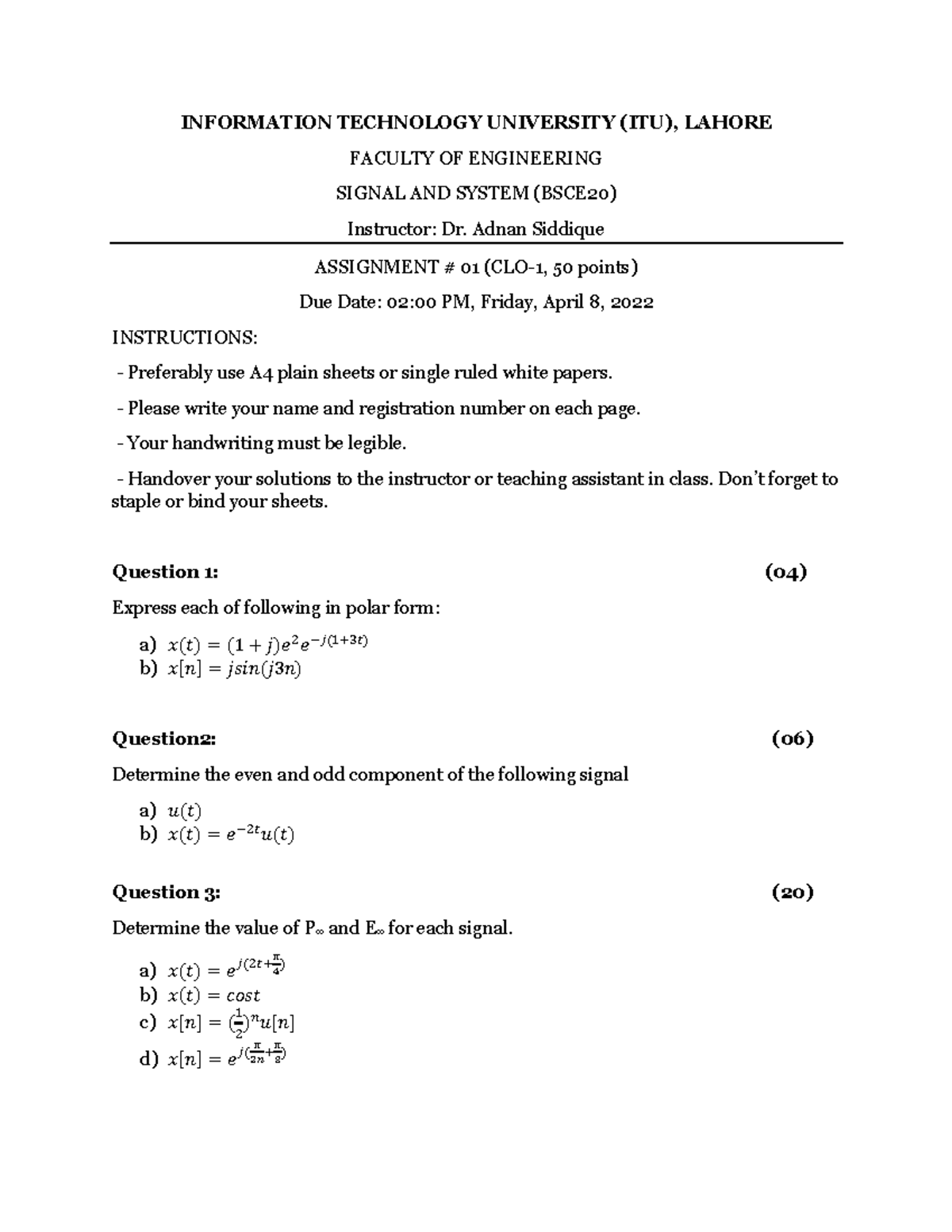 Assignmnet 01 sns - Assignment - INFORMATION TECHNOLOGY UNIVERSITY (ITU ...