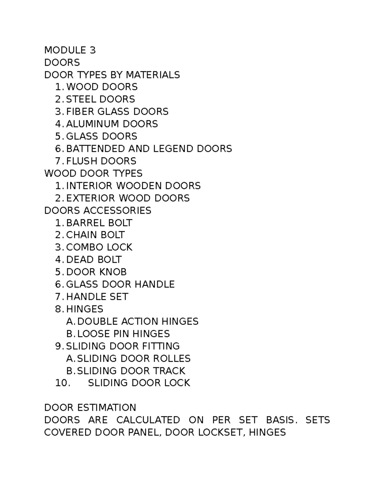 BT Notes - Module 3: Doors, Windows, Wall Finishes & Estimations - Studocu