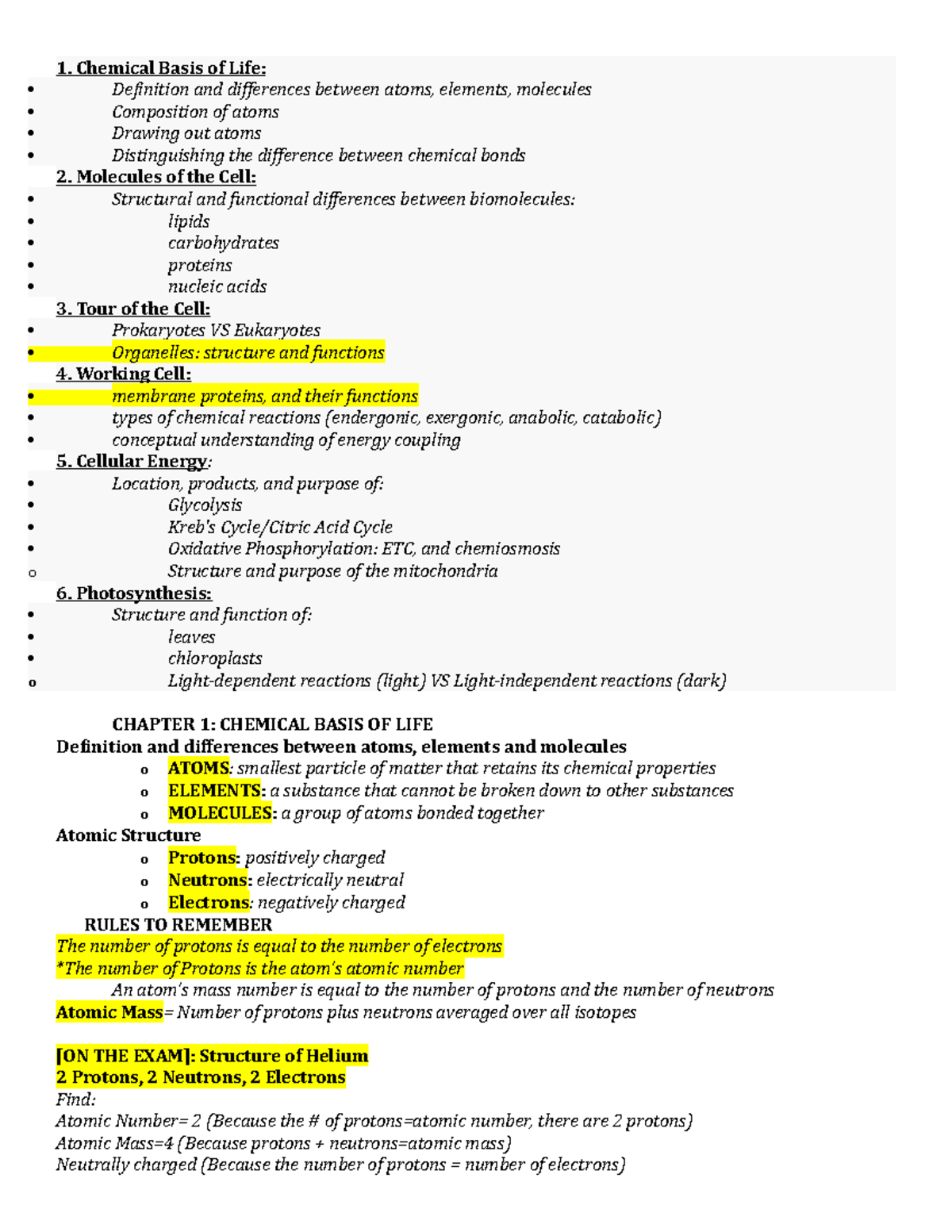 Biology BIO101 Exam 1 Comprehensive Study Guide - Studocu
