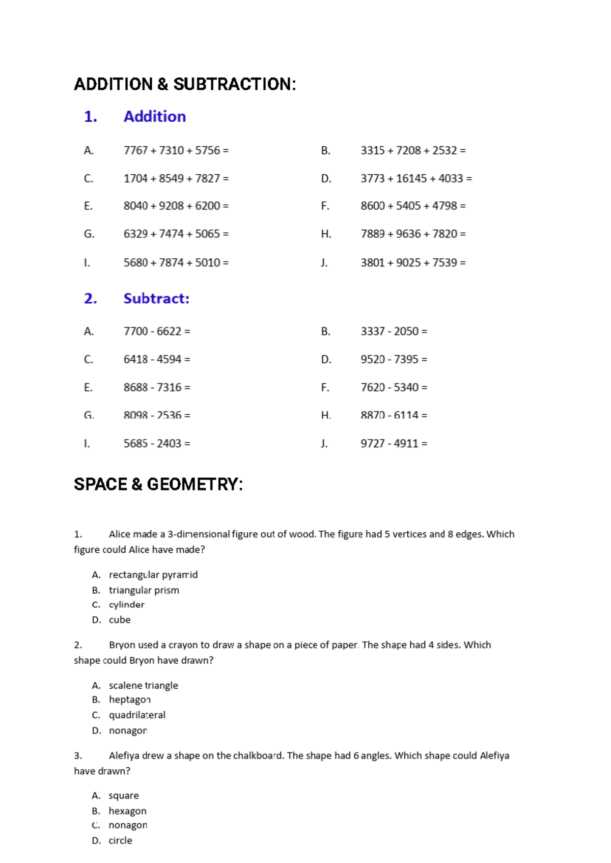 Year 5 Maths + TS Plan - selective school practise questions - ADDITION ...