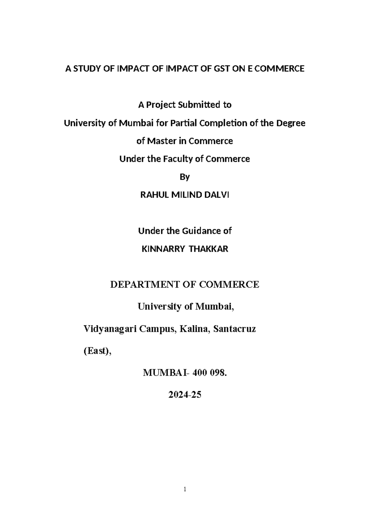 A Study on the Impact of GST on E-Commerce: Master in Commerce Project ...