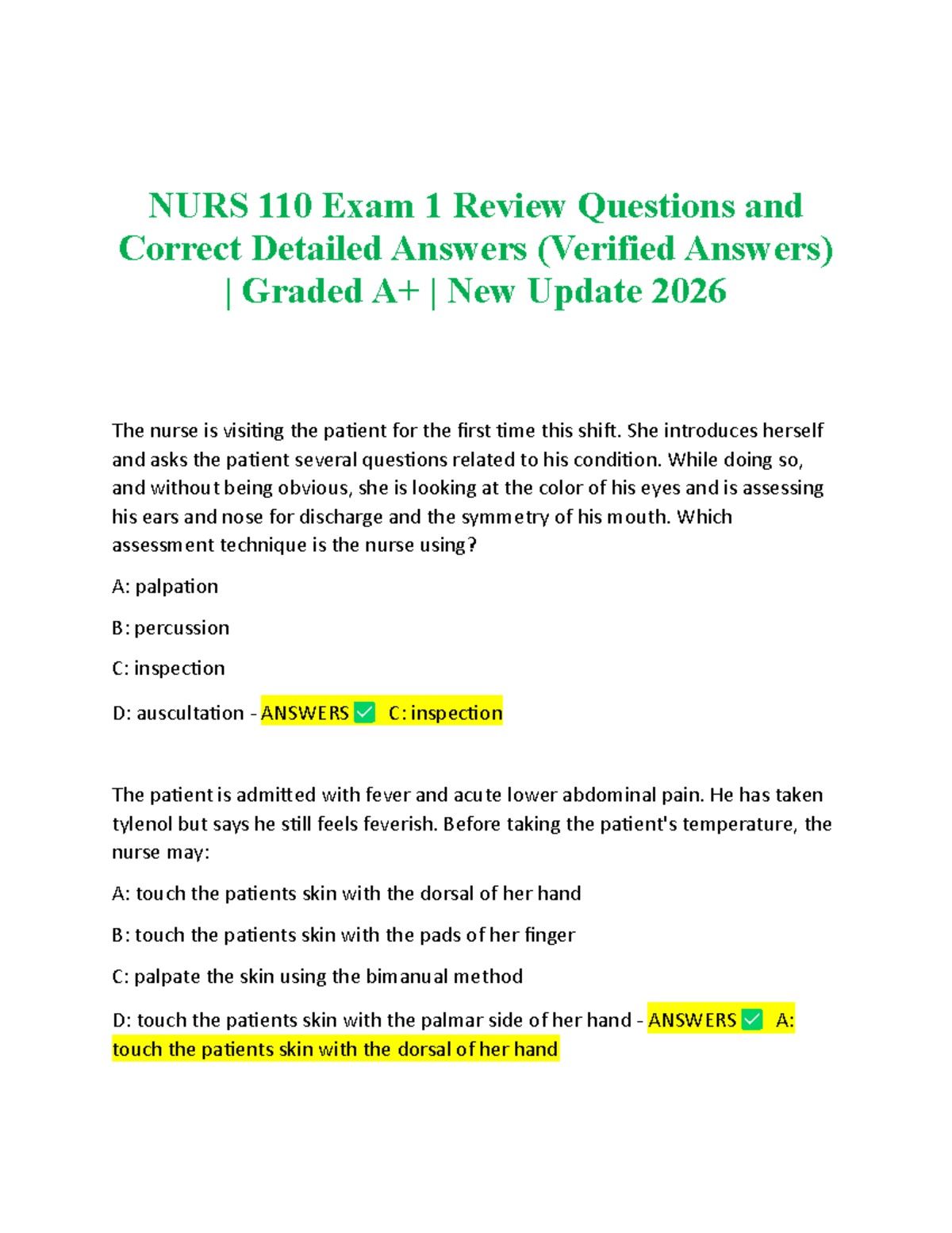 NURS 110 Exam 1 Comprehensive Review Questions & Verified Answers 2026 ...