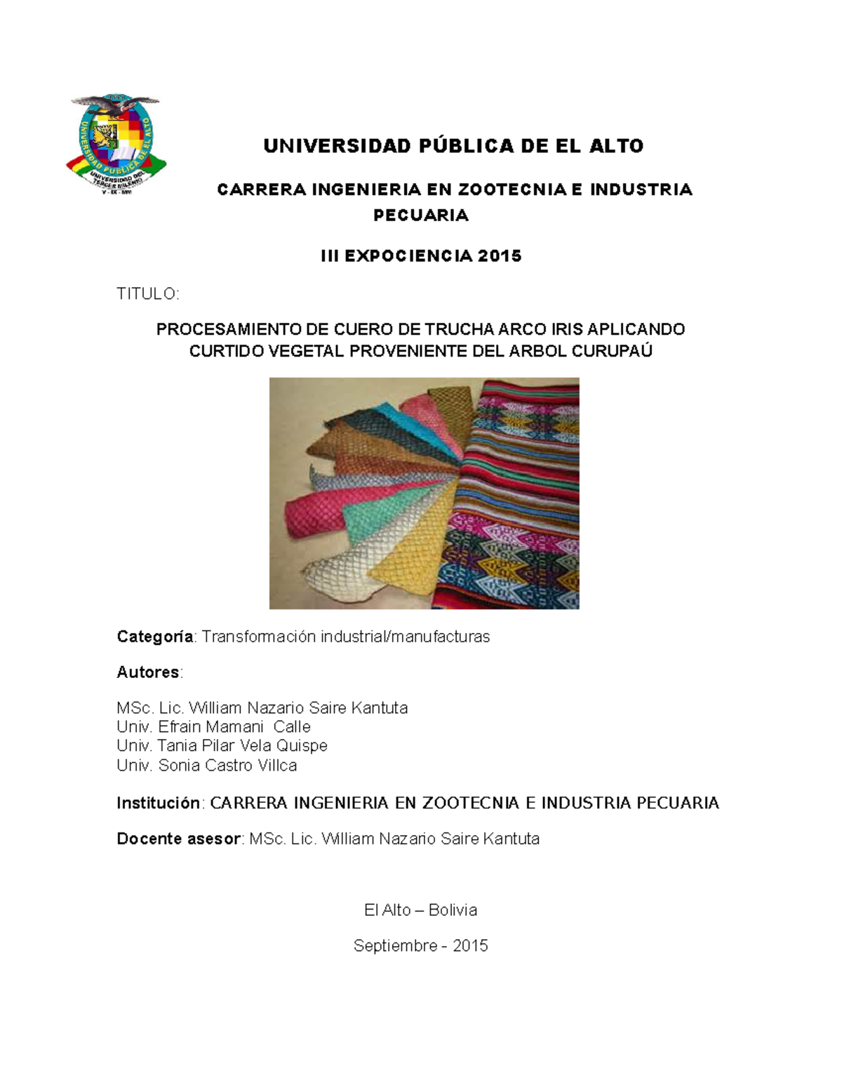 Proceso de Curtido Vegetal del Cuero de Trucha Arco Iris UPEA - Document Preview