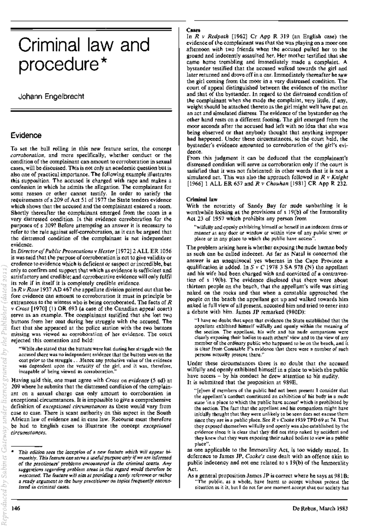 Criminal Law & Procedure: Corroboration in Sexual Cases (ENG 1983 ...