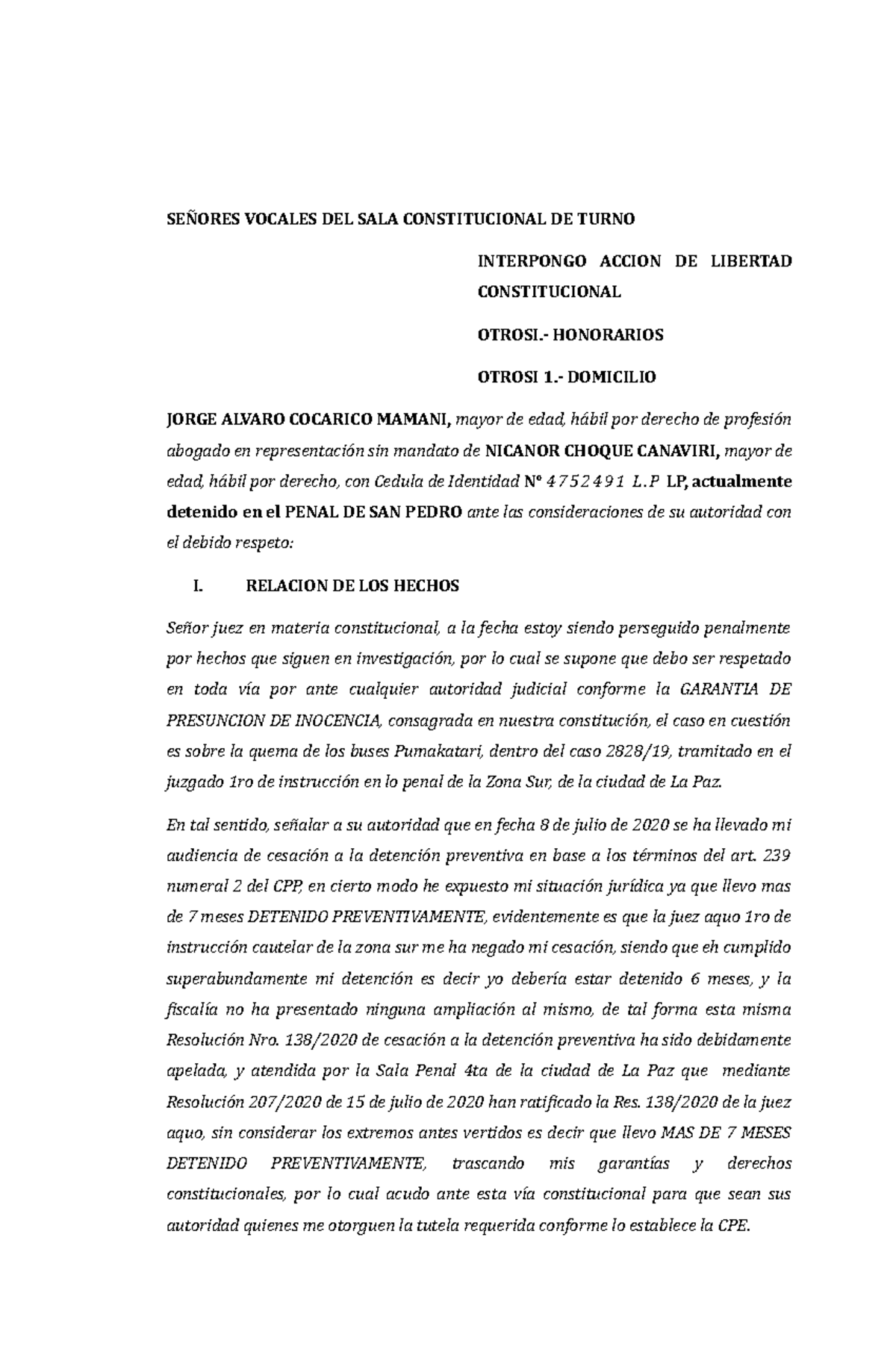 Acción de Libertad: Memorial Modelo 2021 - Caso Nicanor Choque - Document Preview