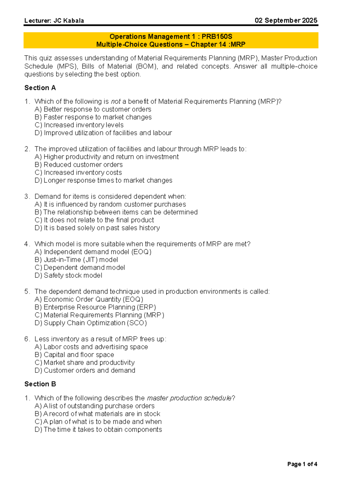 PRB150S Chapter 14 Quiz: Understanding MRP Concepts - Studocu