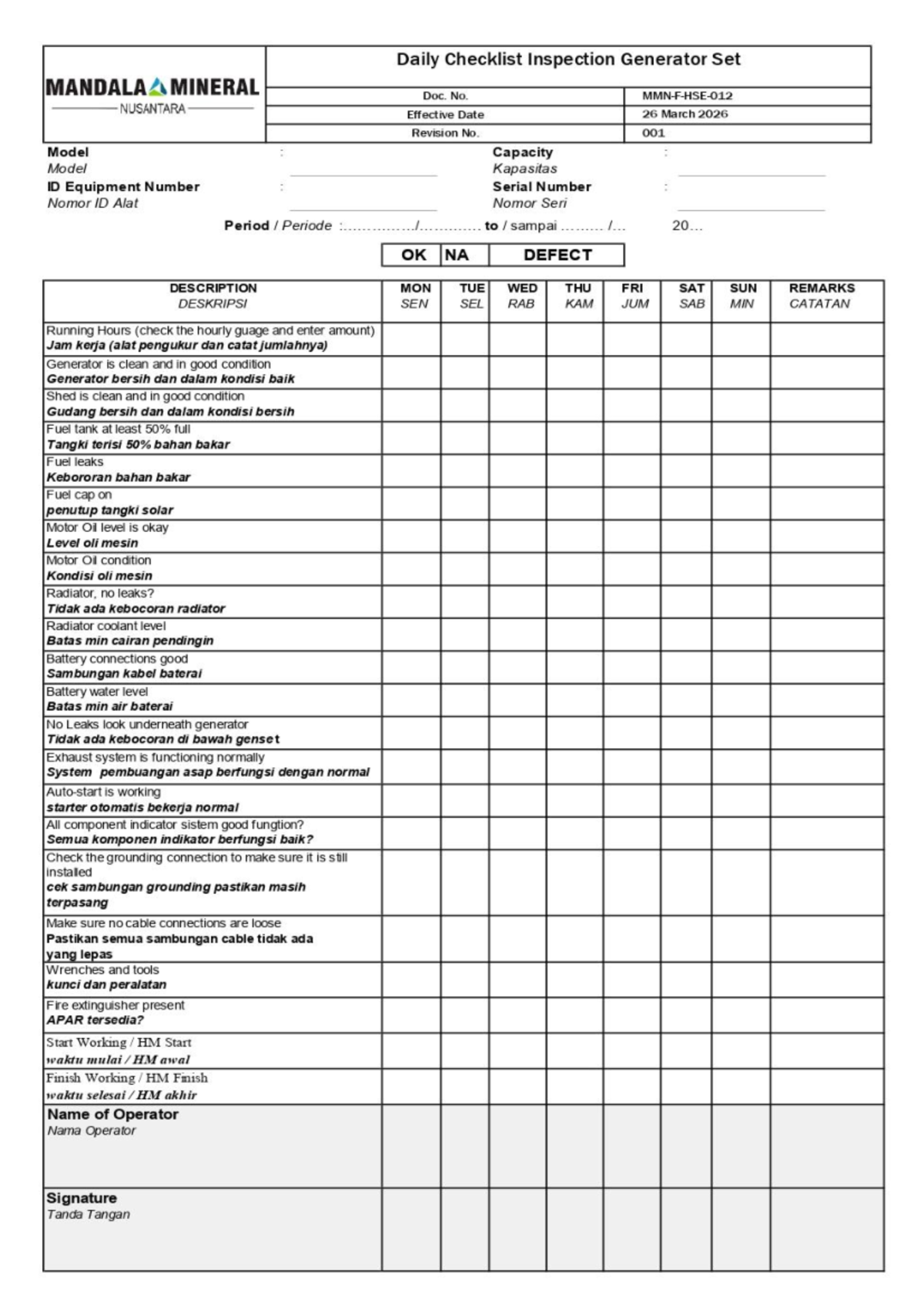 P2H Generator Set Daily Inspection Checklist - Studocu