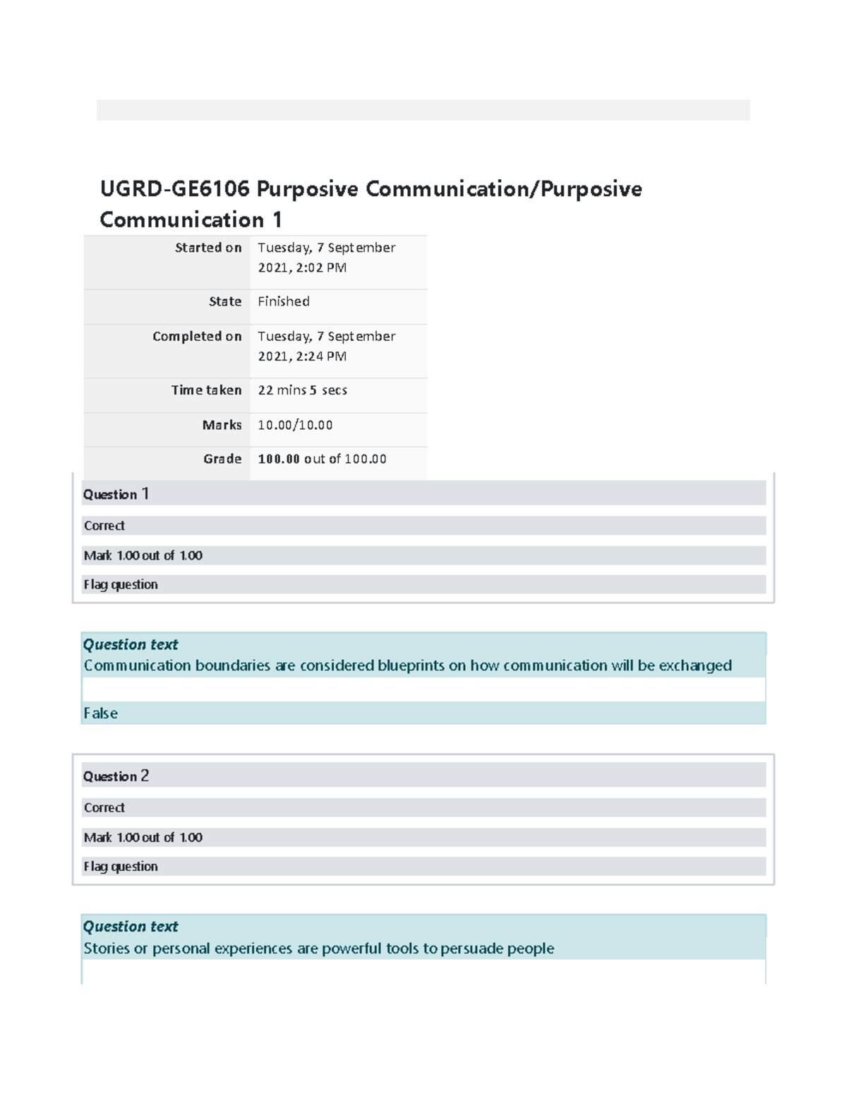 UGRD-GE6106 Purposive Communication Final Quiz 1 Results - Studocu