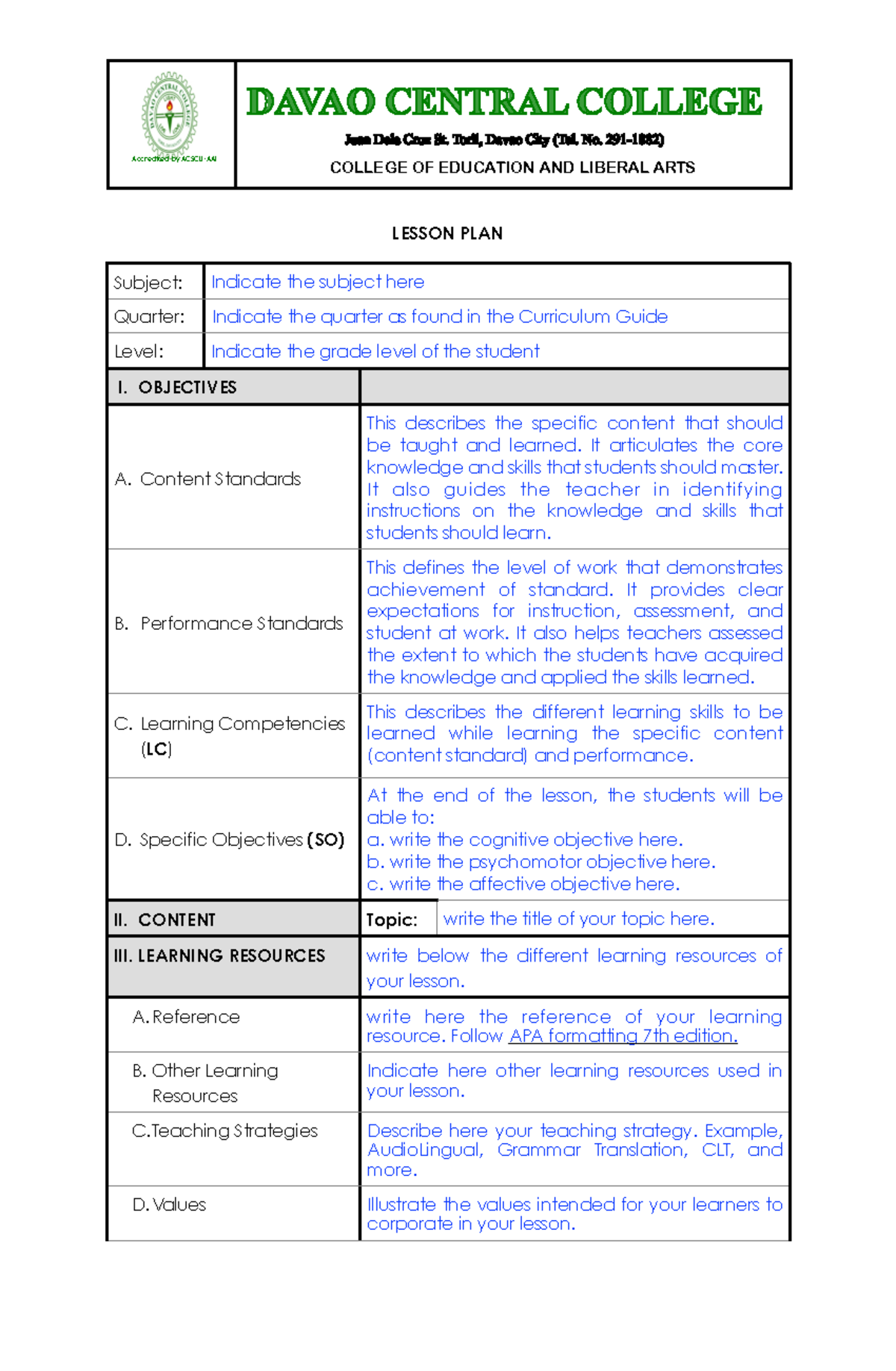 BSEd Lesson Plan Guide: Structure & Objectives Overview - Studocu
