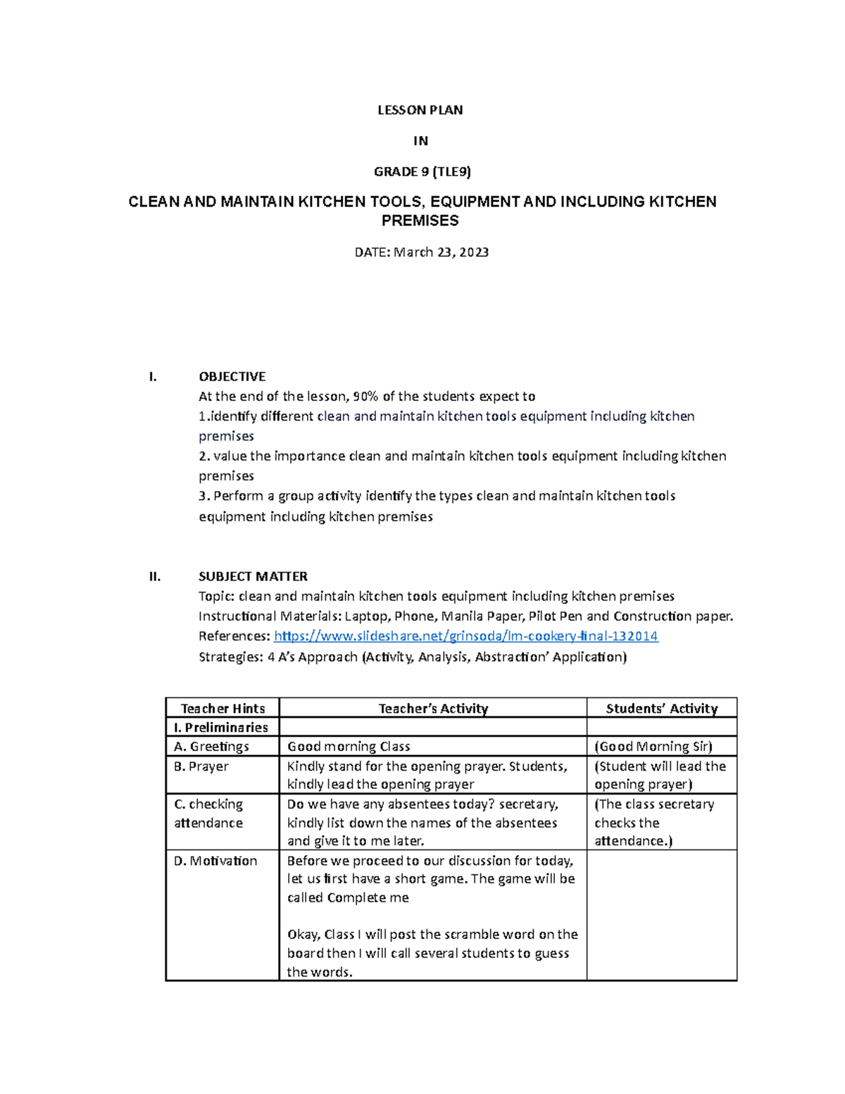 Lesson Plan for Grade 9 (TLE9): Cleaning & Maintenance of Kitchen Tools ...