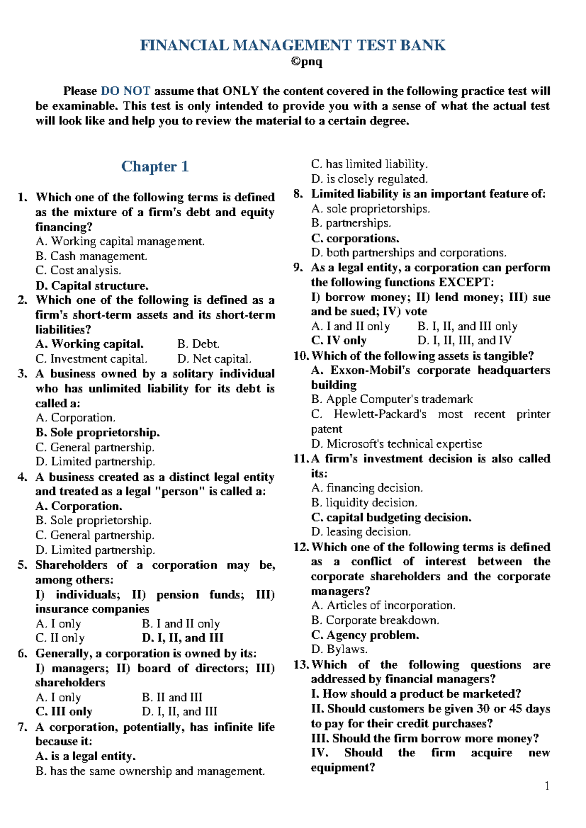 Student sample questions MCQ - FINANCIAL MANAGEMENT TEST BANK ©pnq ...