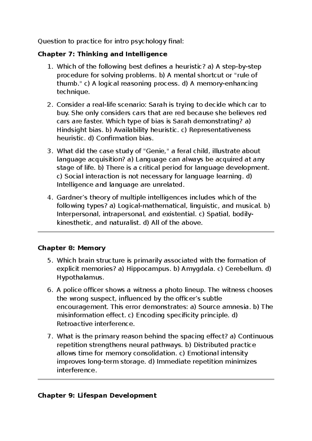 Practice Exam Questions for Intro Psychology Resit: Chapters 7-12 ...