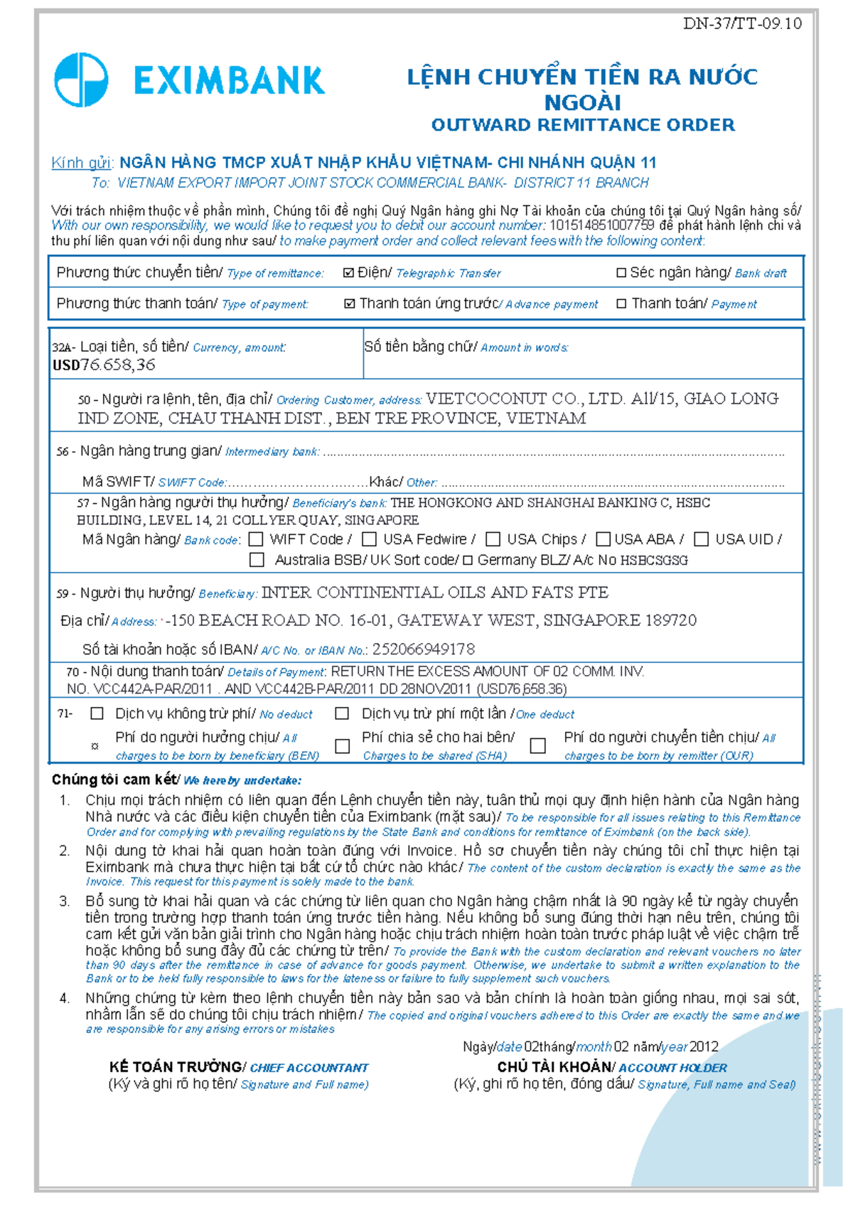 Outward Remittance Order EIB Vietcoconut - DN-37/TT-09. Kính gửi: NGÂN ...