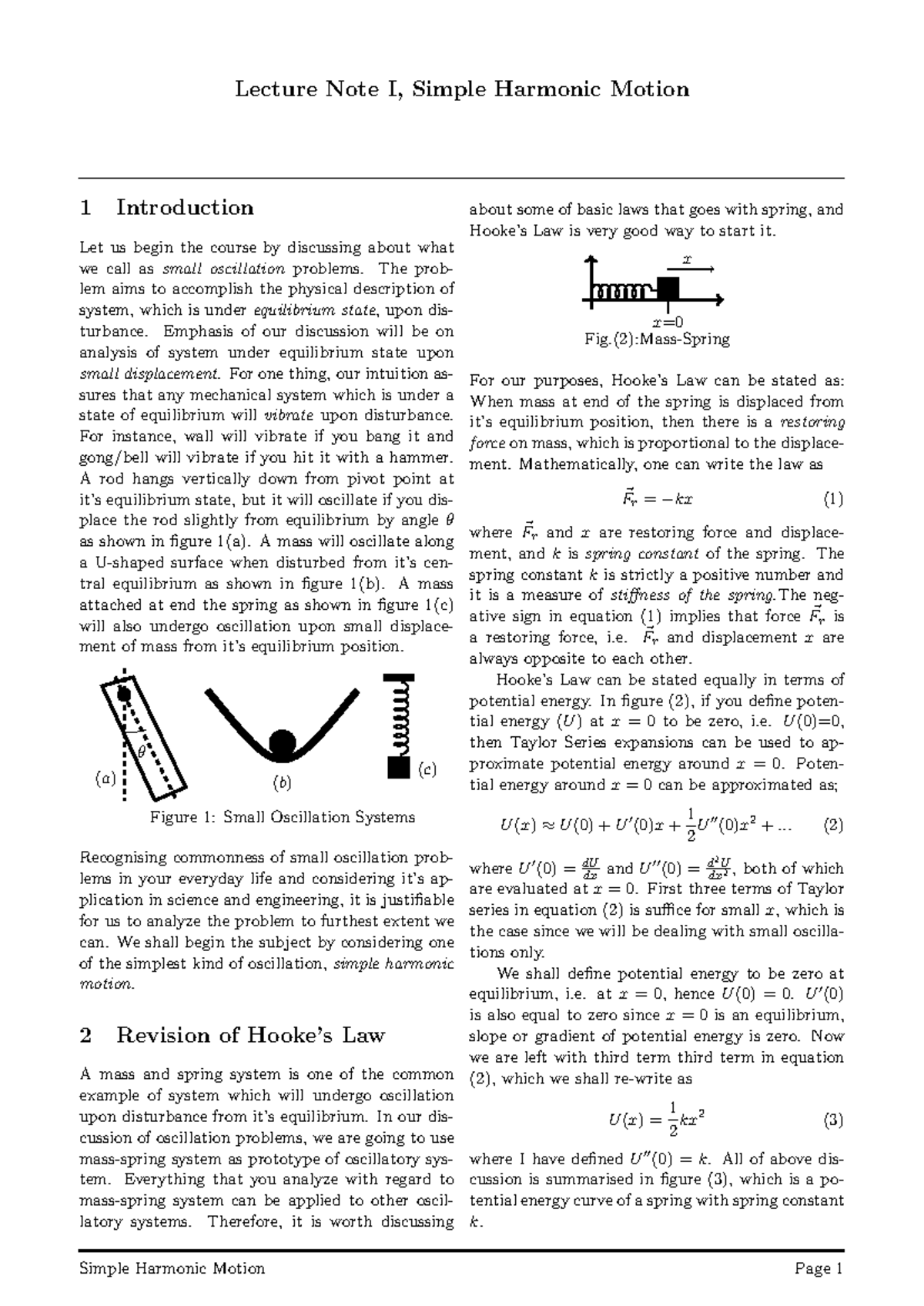 Lecture Notes Simple Harmonic Motion - Lecture Note I, Simple Harmonic ...