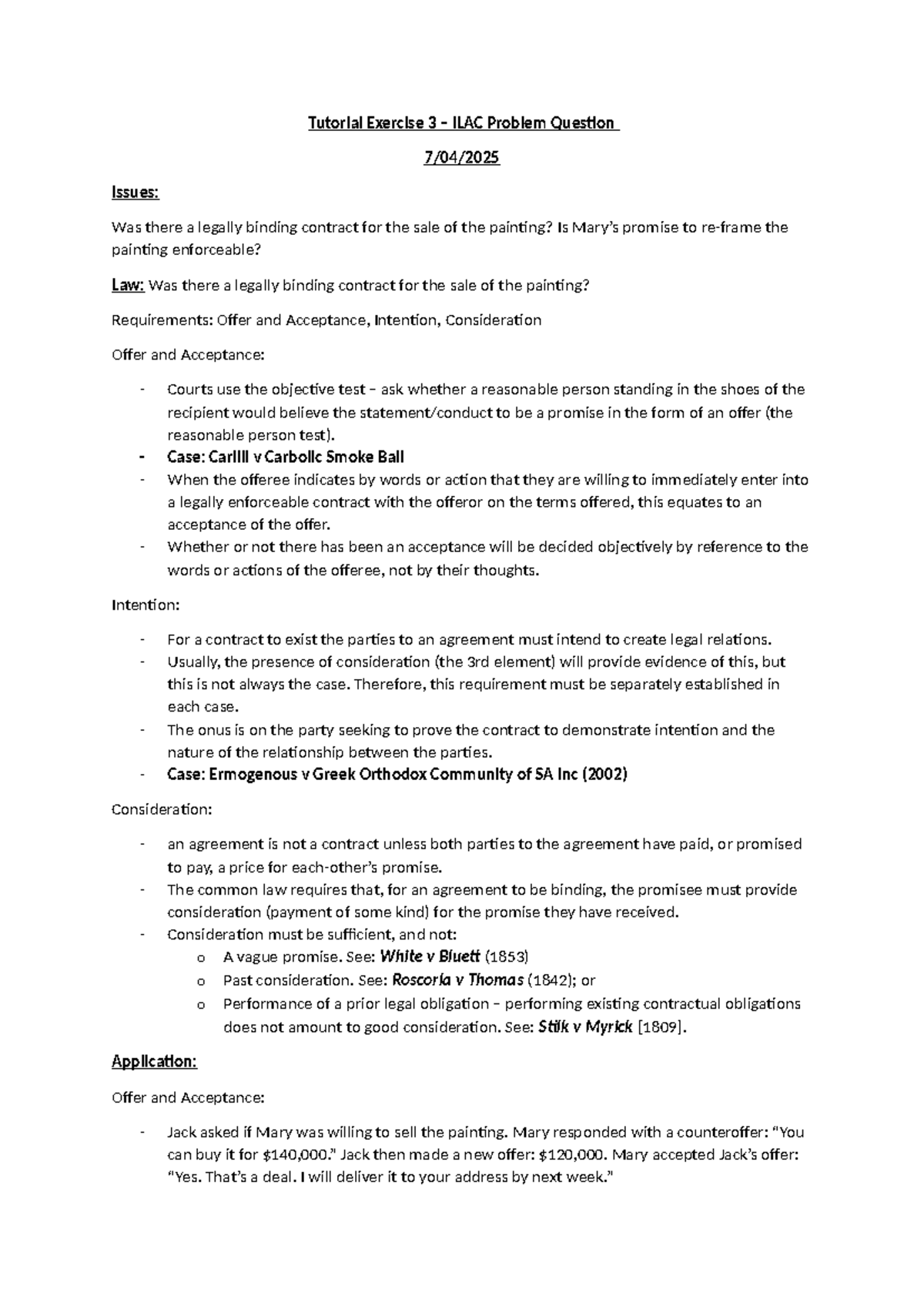 Tutorial Exercise 3: ILAC Analysis of Contract Law Issues - Studocu