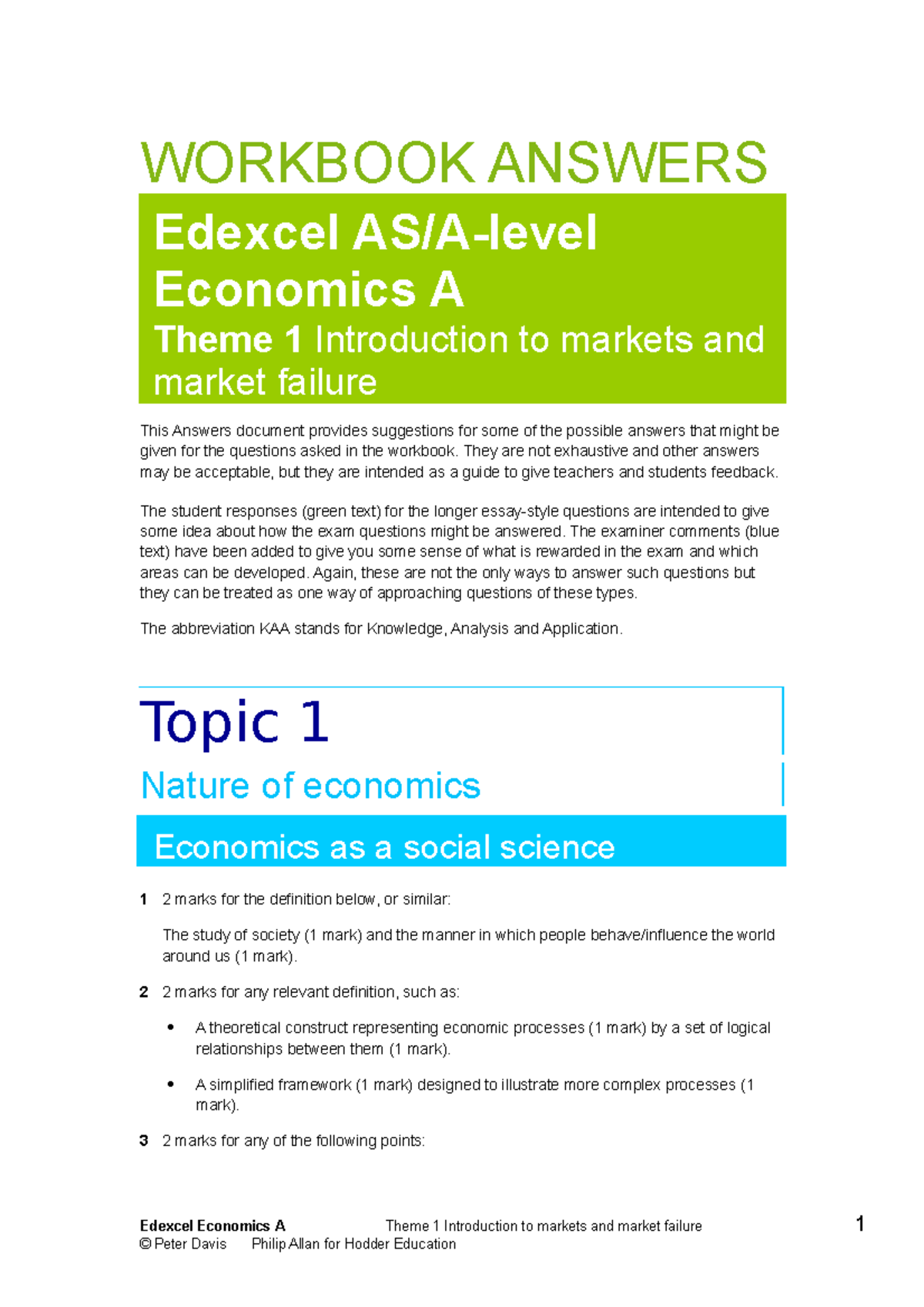 Edexcel Economics A Theme 1 Workbook Answers: Market Introduction ...