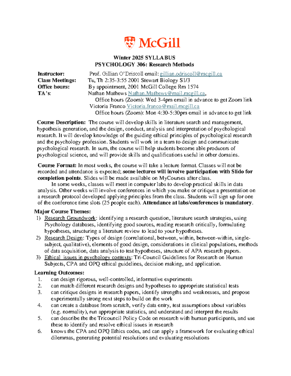 PSYC 306 Winter 2025 Syllabus: Research Methods in Psychology - Studocu