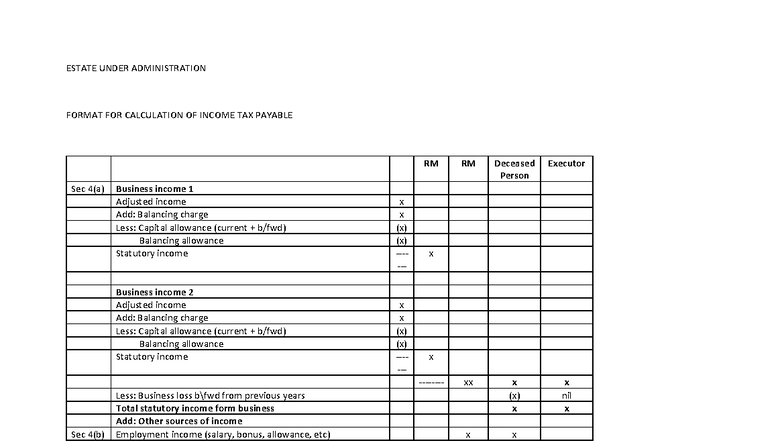 Estate Under Administration: Income Tax Calculation Format - Studocu