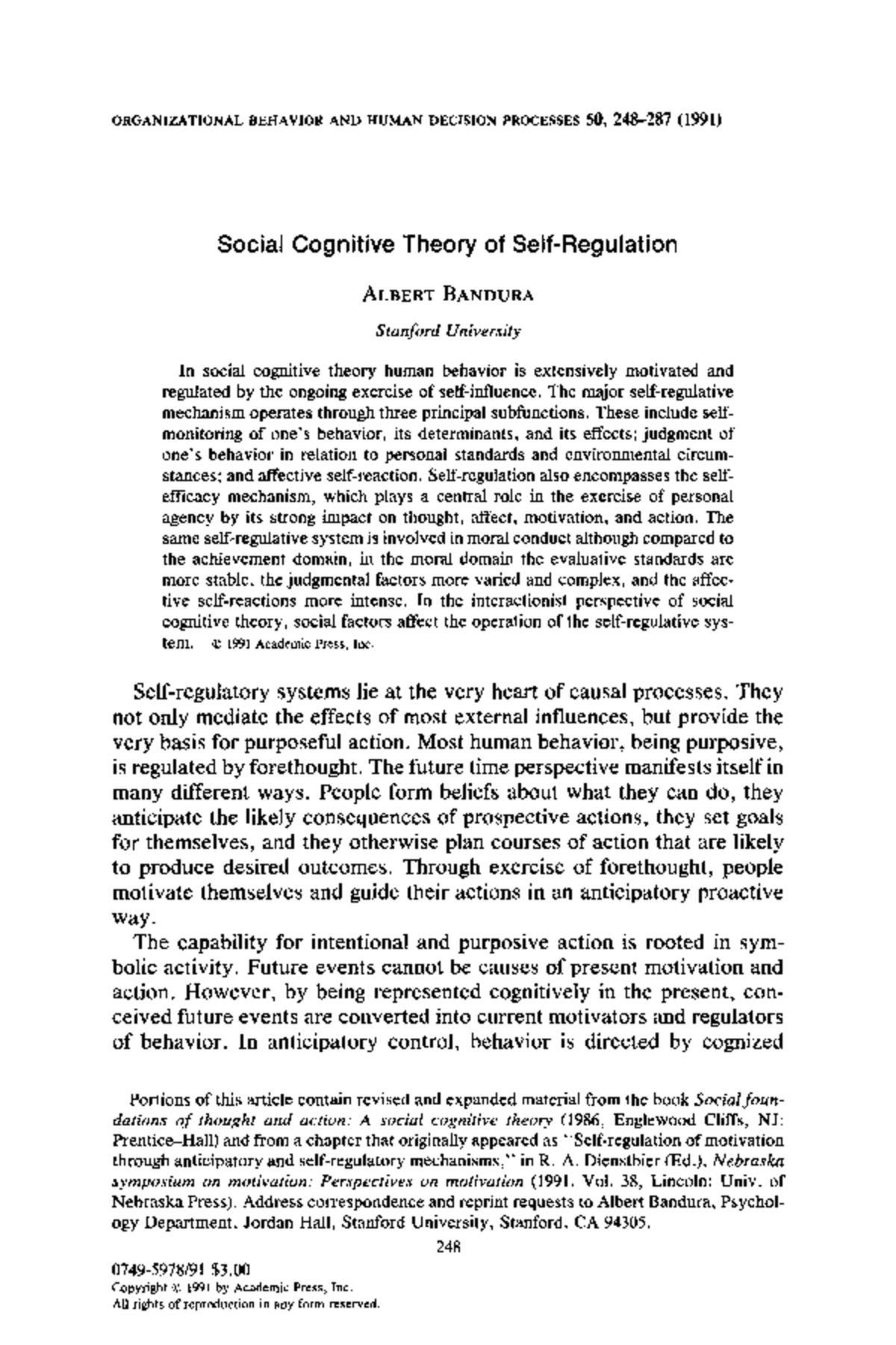 Social Cognitive Theory of Self-Regulation: Insights from Bandura's ...