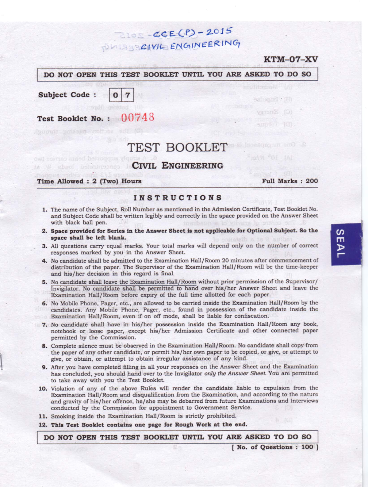 Odisha AEE Civil Paper - CIVIL ENGINEERING DO NOT OPEN THIS TEST ...