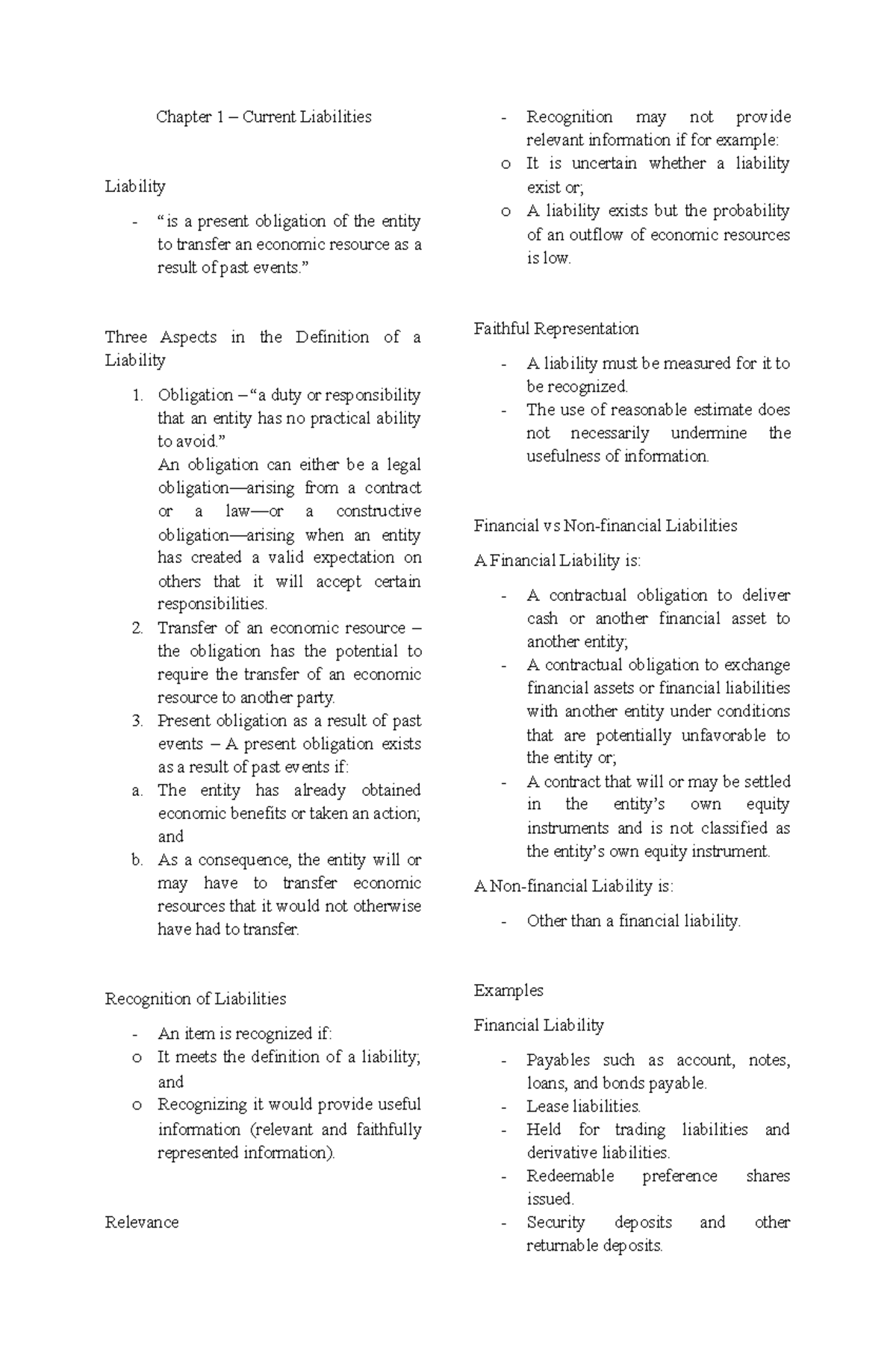 Reviewer IN Accounting 104 - Chapter 1 – Current Liabilities Liability ...