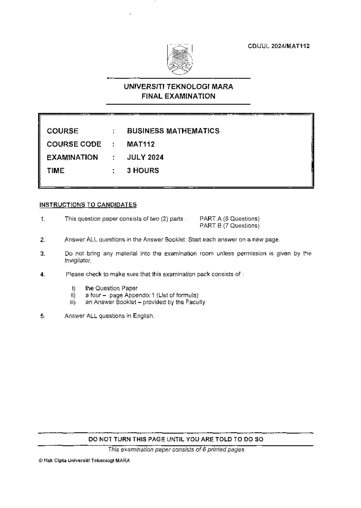 MAT112 Final Exam Paper: Business Mathematics July 2024 - Studocu