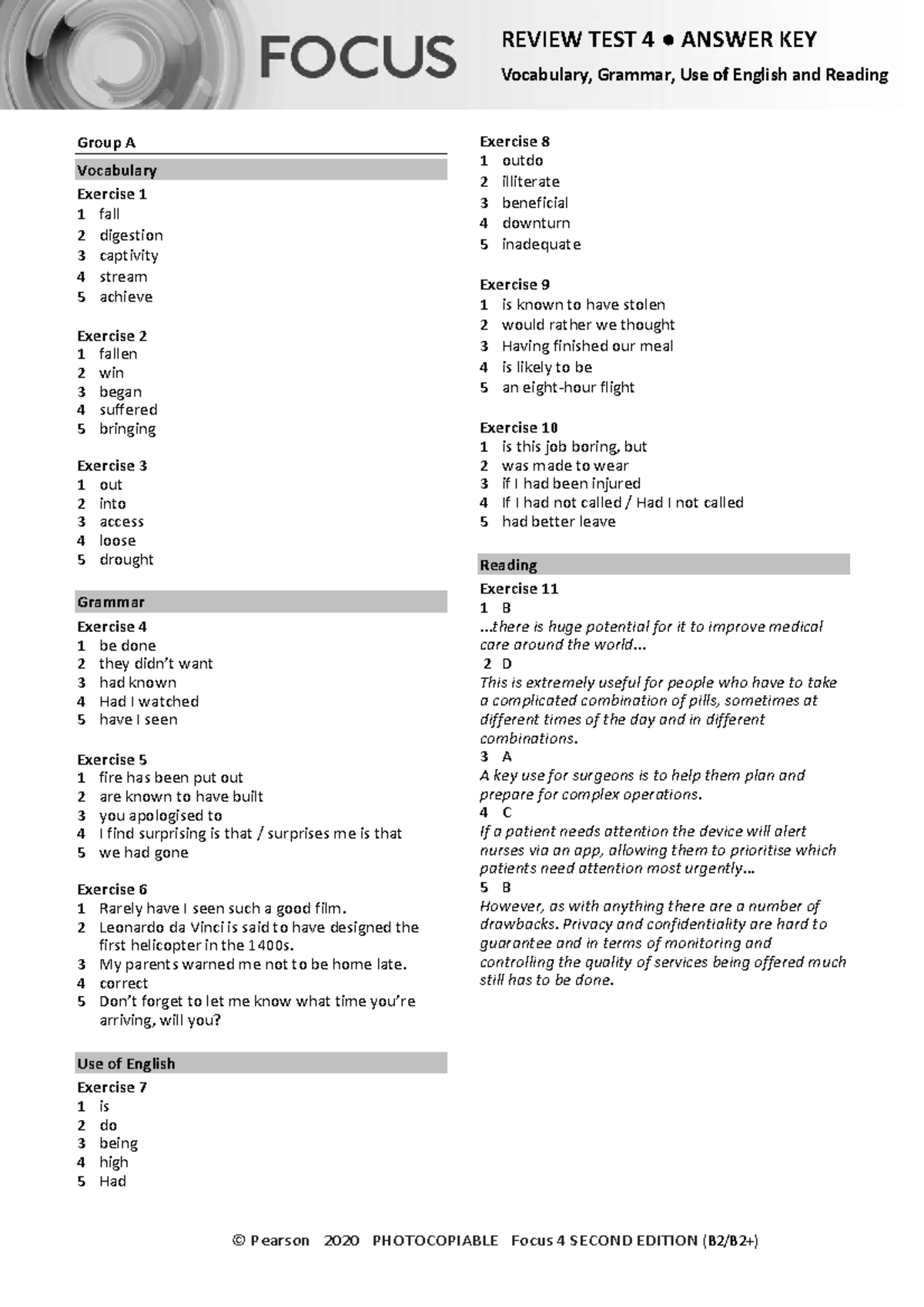 Focus 4 2E Review Test 4: Vocabulary, Grammar & Reading Answers - Studocu