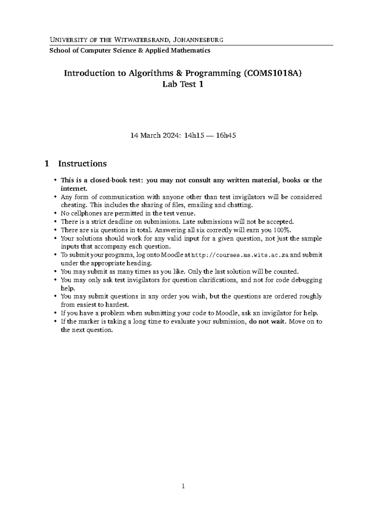 Lab Test 1 - Introduction to Algorithms & Programming (COMS1018A) - Studocu