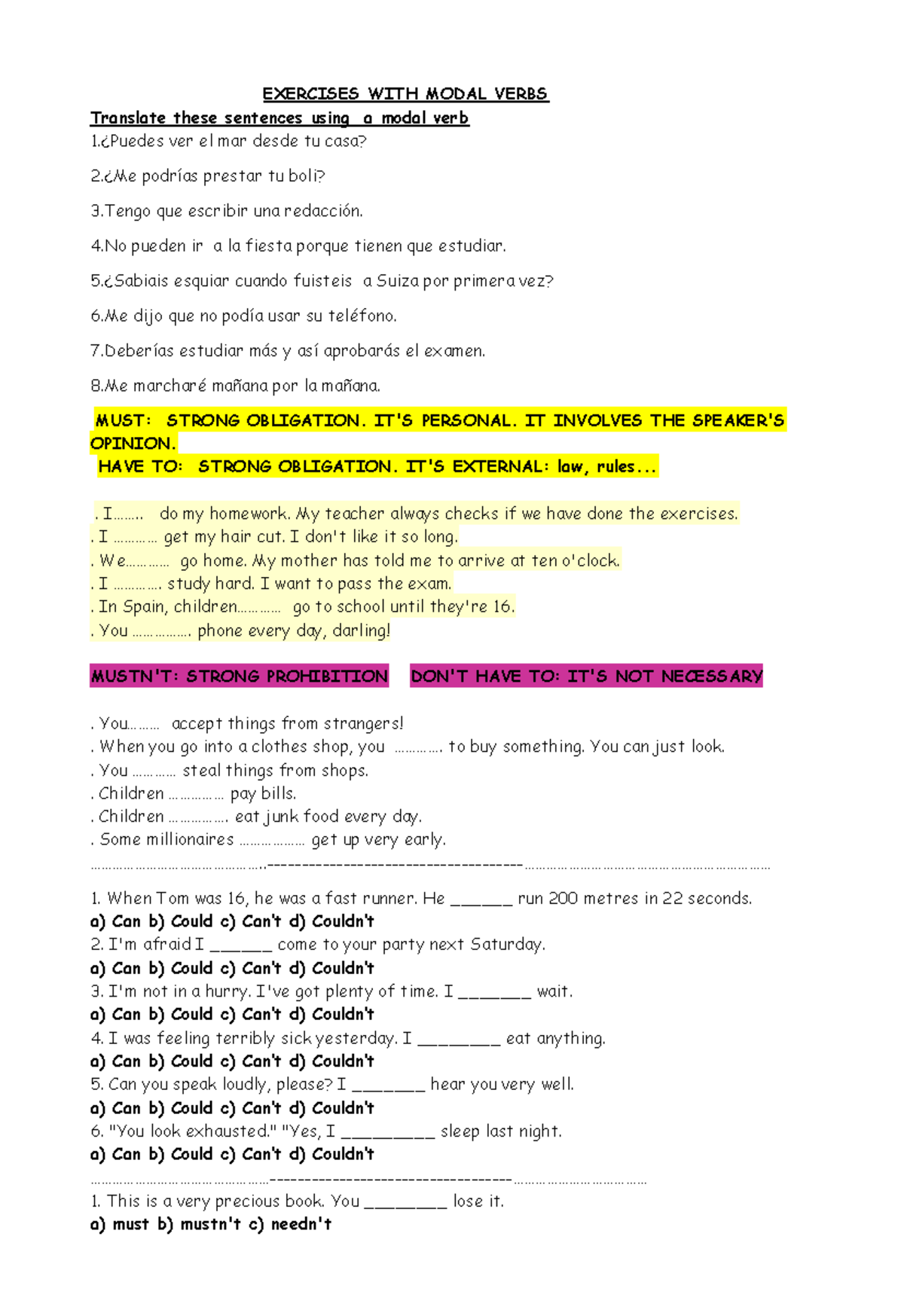 Exercises+WITH+ Modal+ Verbs - EXERCISES WITH MODAL VERBS Translate ...