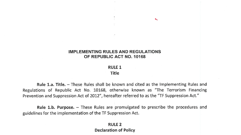 Implementing Rules and Regulations of the TF Suppression Act (RA 10168 ...