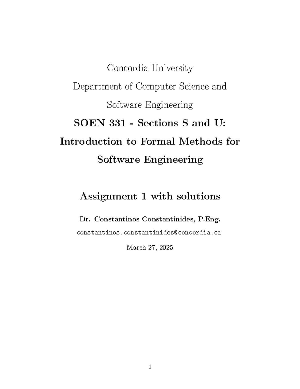SOEN 331 Assignment 1 Solutions: Intro to Formal Methods for SE - Studocu