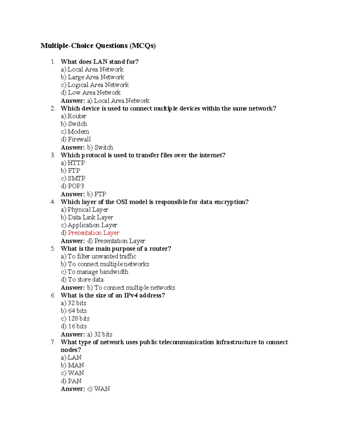 Networking Sample Questions: MCQs, Fill-ins, and Short Answers - Studocu