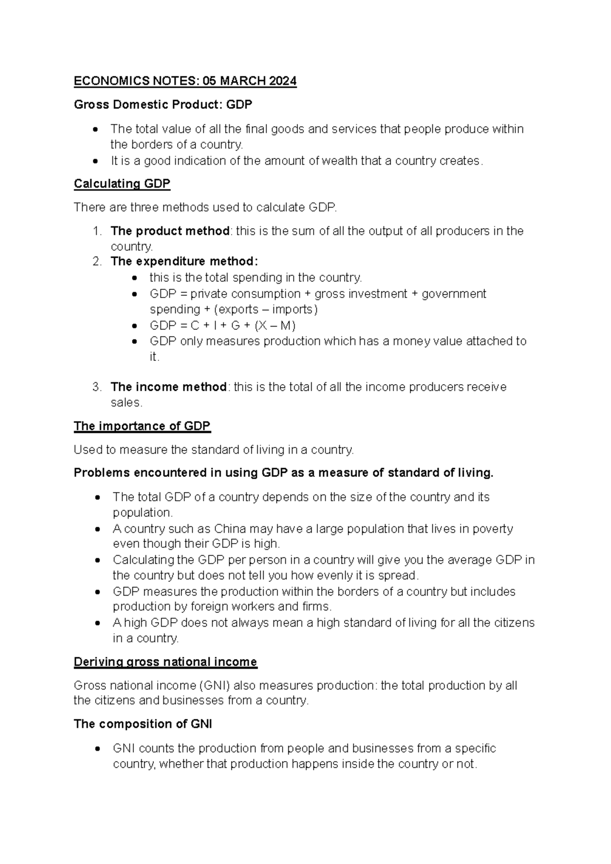Economics Notes - Copy - gfvhjk - ECONOMICS NOTES: 05 MARCH 2024 Gross ...