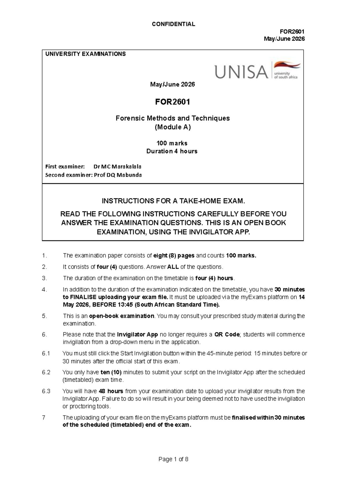 FOR2601 2026 Final Exam: Forensic Methods & Techniques Guidelines - Studocu
